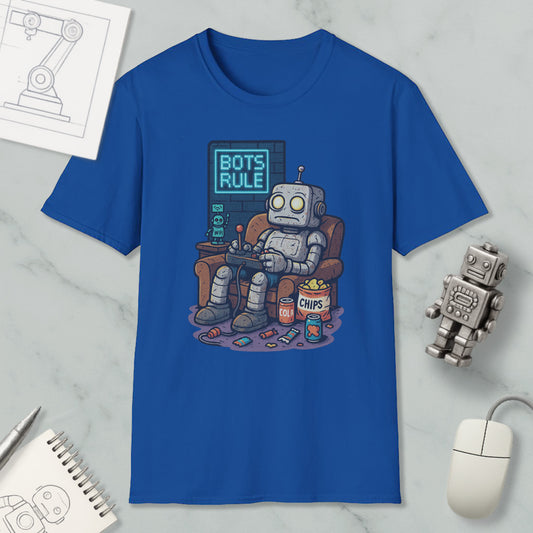 A blue t-shirt with a cartoon robot sitting in a chair and holding a remote control, with the text "BOTS RULE" displayed on the shirt.
