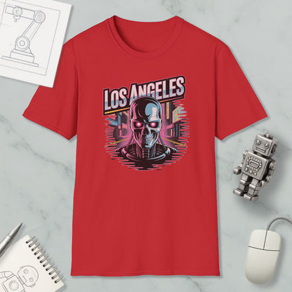 a red t-shirt with a graphic design of a skull and cityscape, along with various office supplies and a computer mouse.
