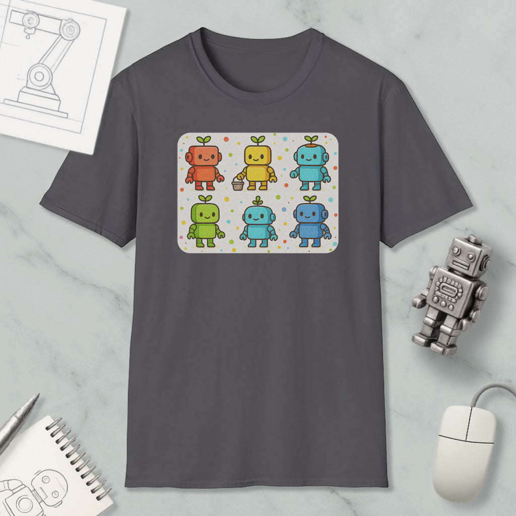 a gray t-shirt with a colorful graphic of six cartoon robots, each with a unique color and design. The t-shirt is displayed on a marble surface, along with a computer mouse, a notepad, and a small robot figurine.