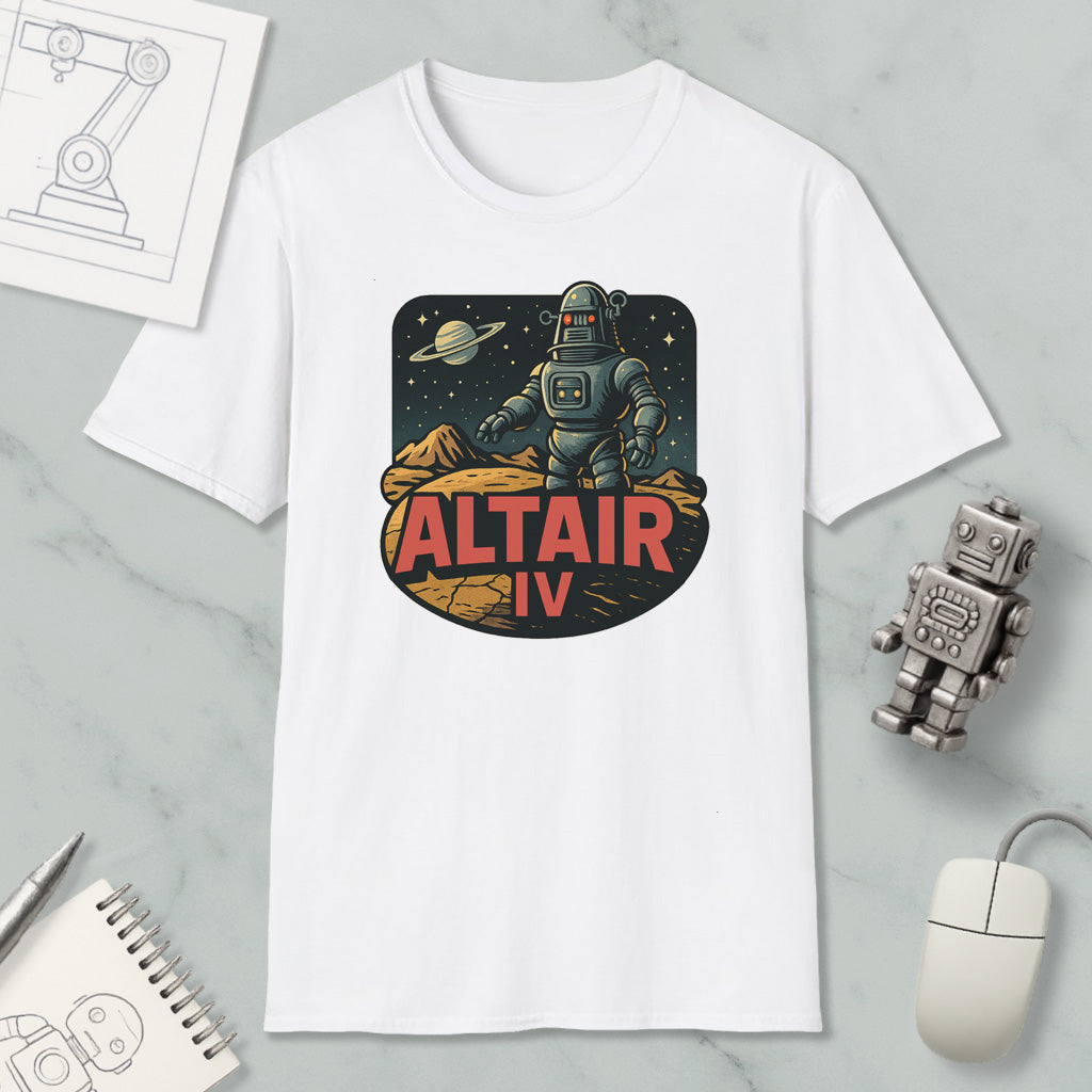 a white t-shirt with a graphic design depicting a robot standing on a rocky surface with a planet in the background, along with the text "ALT AIR IV".