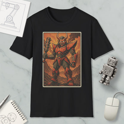 a black t-shirt with a graphic design depicting a red and black armored robot or character, holding a weapon and standing in a fiery, rocky environment.