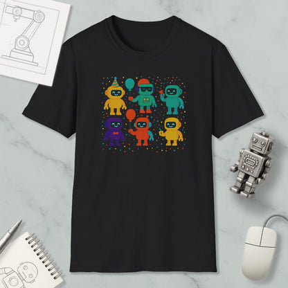 a black t-shirt with a colorful graphic design of six cartoon-like robots in various colors and poses, surrounded by small dots. The t-shirt is placed on a marble surface, and there are also a computer mouse, a notepad, and a small robot figurine nearby.