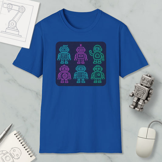 a blue t-shirt with a graphic design of six colorful robot characters on it, along with a computer mouse and a notebook.