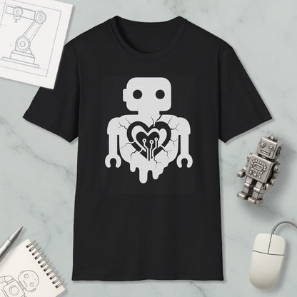 a black t-shirt with a white graphic design depicting a robot with a heart symbol inside its chest. The t-shirt is placed on a marble surface, along with a small robot figurine and a computer mouse.