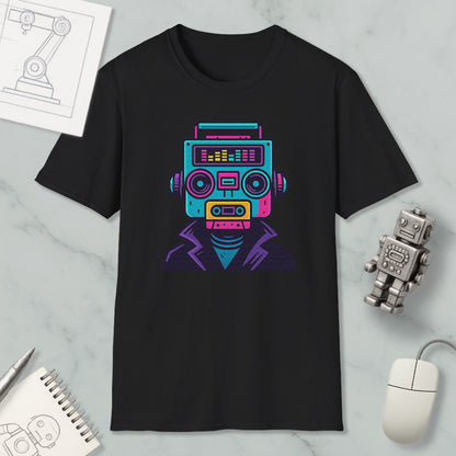 a black t-shirt with a colorful graphic design of a robot or robot-like figure, along with various objects such as a mouse, a notebook, and a pen.