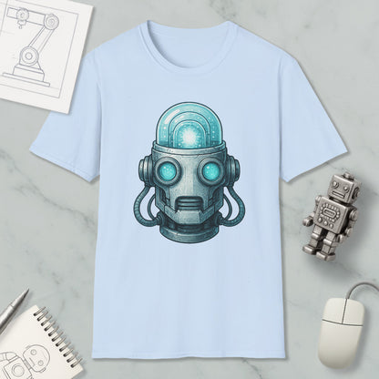 a light blue t-shirt with a graphic of a futuristic robot head, along with various objects such as a computer mouse, a notebook, and a pen.