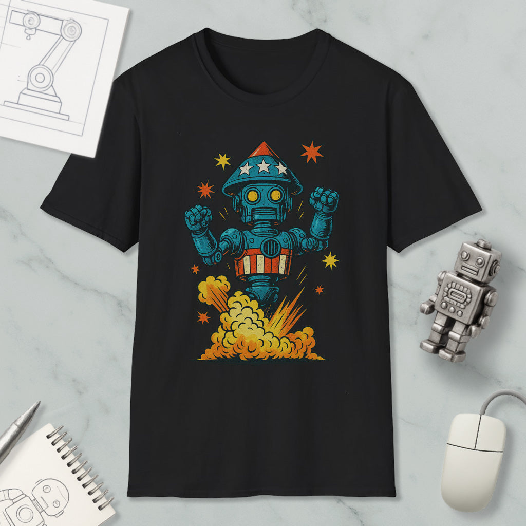 a black t-shirt with a colorful graphic design depicting a robot or robot-like figure, surrounded by stars and a rocket-like explosion. The t-shirt is placed on a marble surface, with a computer mouse and a notebook visible in the background.