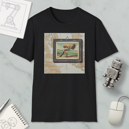 a black t-shirt with a framed painting of a person carrying a large bundle on their back, surrounded by various objects such as a computer mouse, a robot, and a notebook.