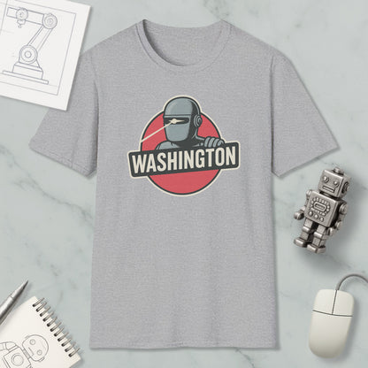 a gray t-shirt with a graphic design of a robot and the word "WASHINGTON" printed on it, along with various office supplies and a computer mouse.