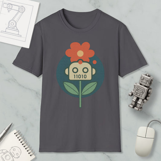 a gray t-shirt with a graphic design of a flower and a robot, along with various objects such as a computer mouse, a notebook, and a robot figurine.