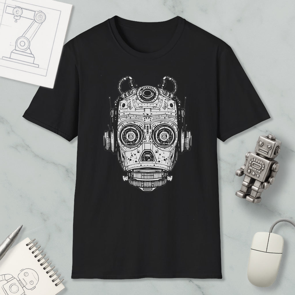 a black t-shirt with a white graphic design depicting a robot or mechanical figure, along with a computer mouse and a notebook.