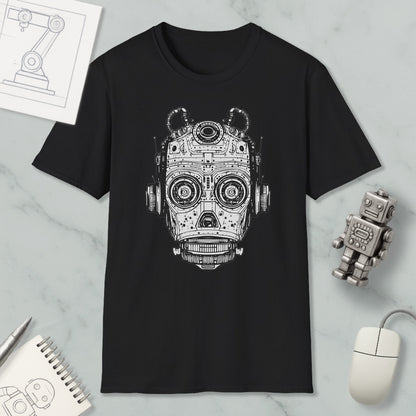 a black t-shirt with a white graphic design depicting a robot or mechanical figure, along with a computer mouse and a notebook.