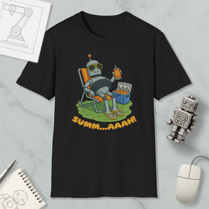 a black t-shirt with a cartoon robot sitting in a chair and holding a drink, accompanied by the text "SUMM...AAAH!"