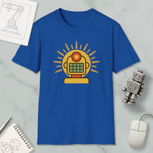 a blue t-shirt with a graphic design of a robot or machine, along with various objects such as a computer mouse, a notebook, and a pen.