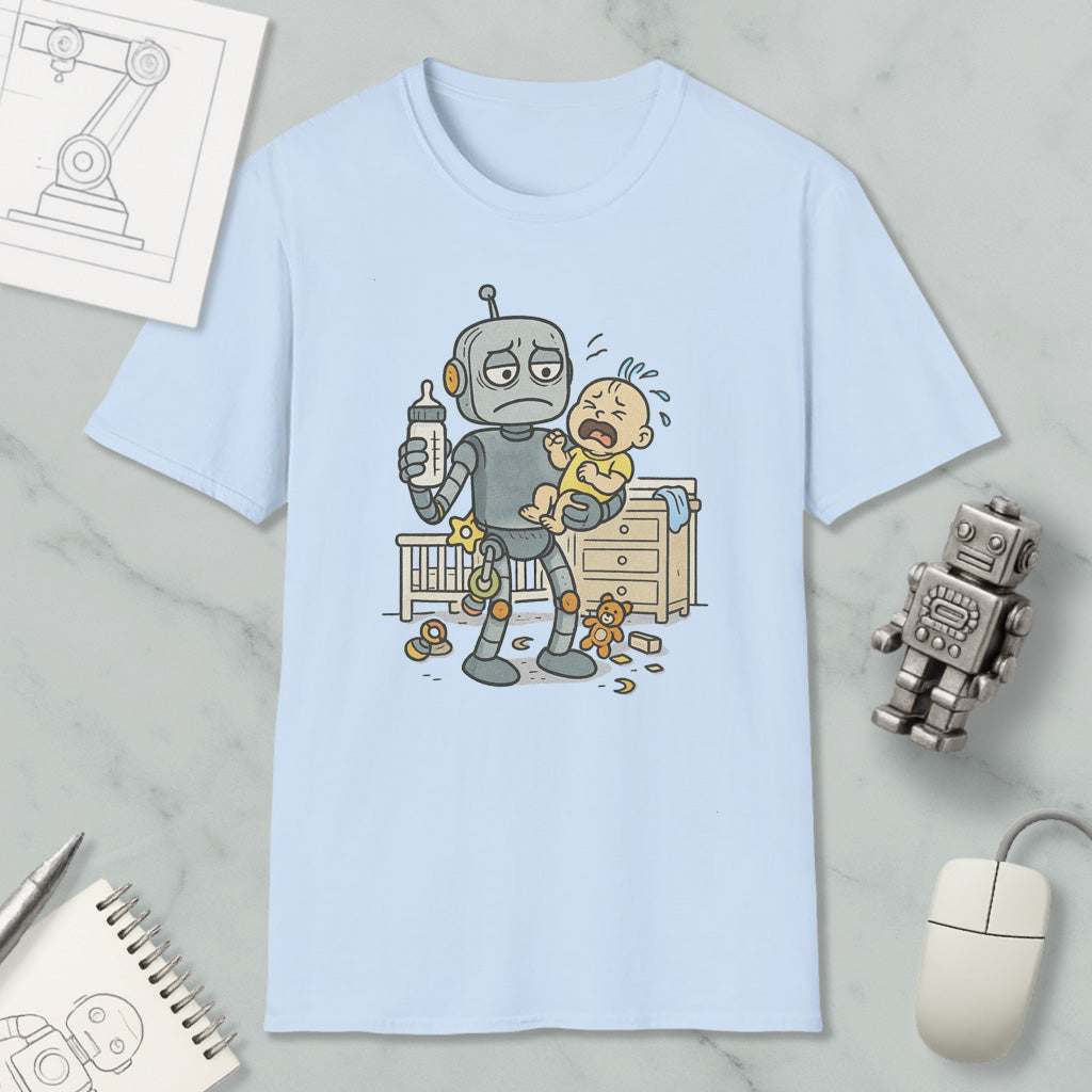 A light blue t-shirt with a cartoon illustration of a robot holding a baby and crying, surrounded by various objects such as a computer mouse, a notebook, and a toy robot.
