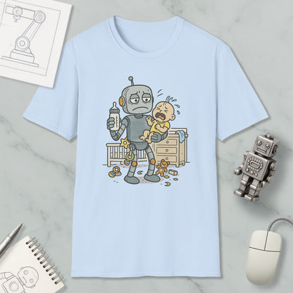 A light blue t-shirt with a cartoon illustration of a robot holding a baby and crying, surrounded by various objects such as a computer mouse, a notebook, and a toy robot.