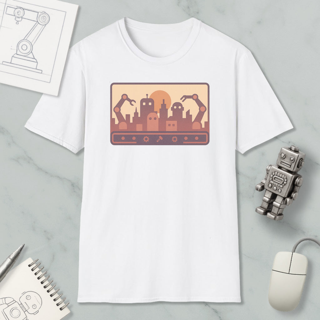 a white t-shirt with a graphic design depicting a city skyline with robotic arms, along with a computer mouse and a notebook on a marble surface.