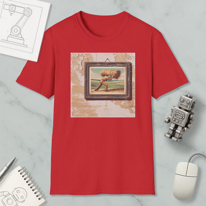 a red t-shirt with a framed painting of a man carrying a large bundle on his back, surrounded by various objects such as a computer mouse, a robot, and a notebook.