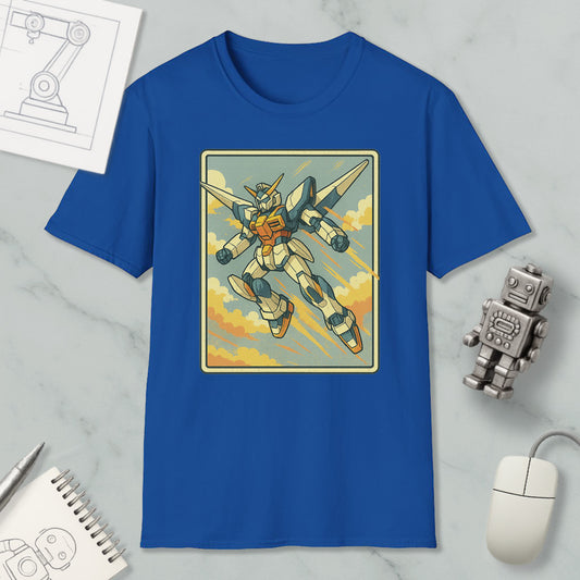 a blue t-shirt with a graphic of a robot or character, along with various objects such as a computer mouse, a notebook, and a robot figurine.