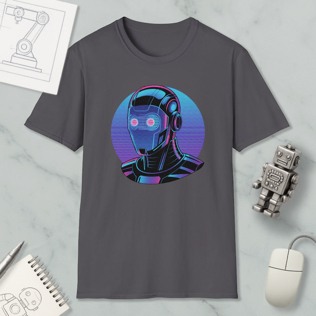 a gray t-shirt with a graphic design of a robot or cyborg-like figure, surrounded by various objects such as a computer mouse, a notebook, and a pen.
