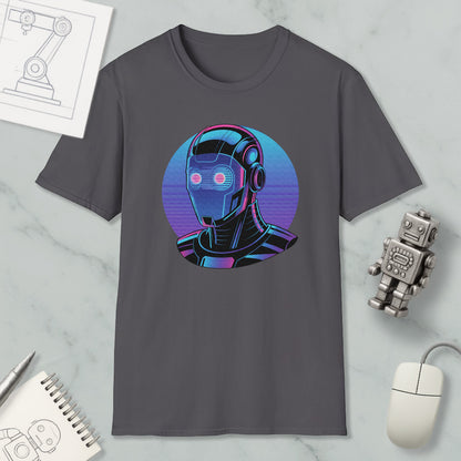 a gray t-shirt with a graphic design of a robot or cyborg-like figure, surrounded by various objects such as a computer mouse, a notebook, and a pen.