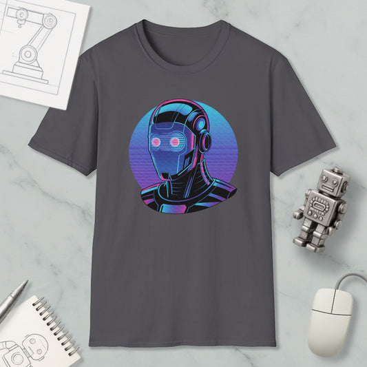 a gray t-shirt with a graphic design of a robot or cyborg-like figure, surrounded by various objects such as a computer mouse, a notebook, and a pen.