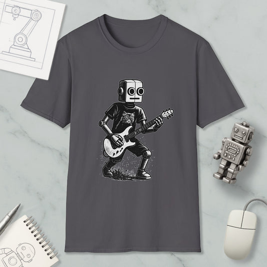 a gray t-shirt with a graphic of a robot playing a guitar, along with a computer mouse and a notebook.