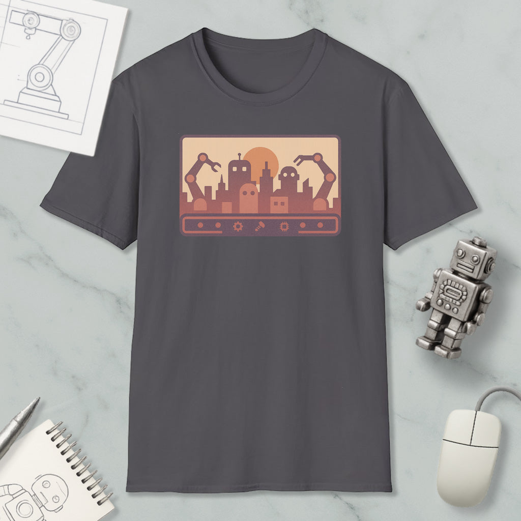 a gray t-shirt with a graphic design depicting a city skyline with robotic arms, along with a computer mouse and a notebook on a marble surface.