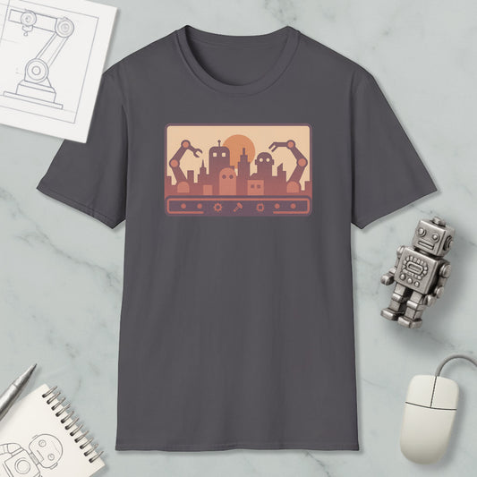 a gray t-shirt with a graphic design depicting a city skyline with robotic arms, along with a computer mouse and a notebook on a marble surface.