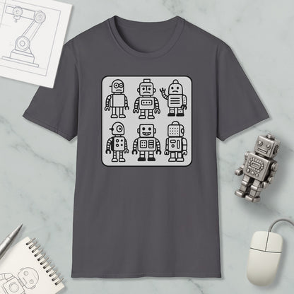 a gray t-shirt with a graphic design of six different robot characters, along with a computer mouse and a notebook on a marble surface.