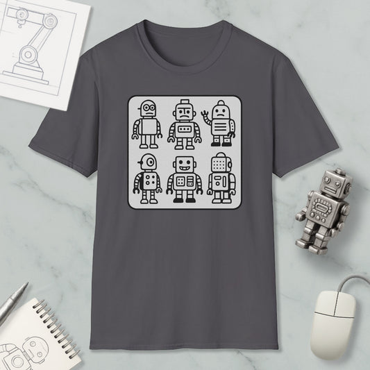 a gray t-shirt with a graphic design of six different robot characters, along with a computer mouse and a notebook on a marble surface.