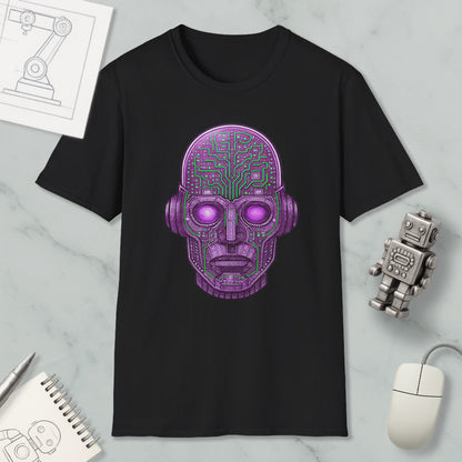 a black t-shirt with a purple and green robot-like face design, along with a computer mouse and a notebook.