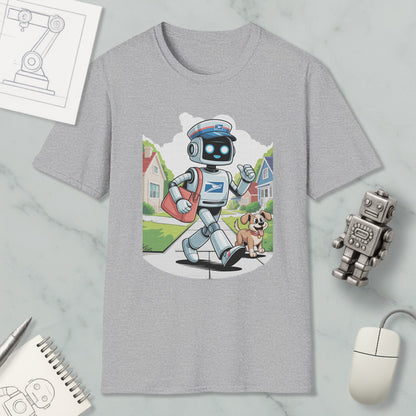 a gray t-shirt with a cartoon robot character, a dog, and a robot toy, along with some other items such as a computer mouse and a notebook.