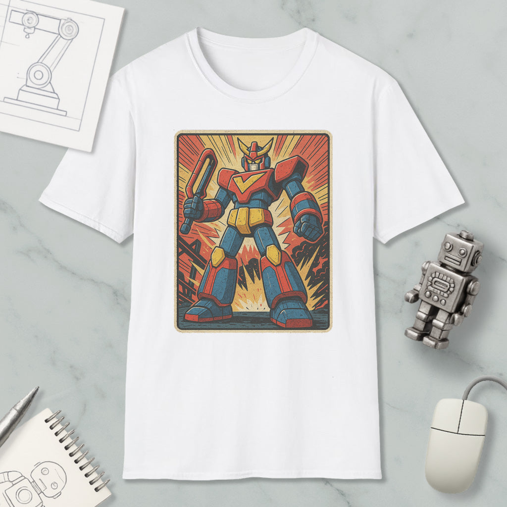a white t-shirt with a colorful graphic of a robot or character, along with various objects such as a computer mouse, a notebook, and a pen.
