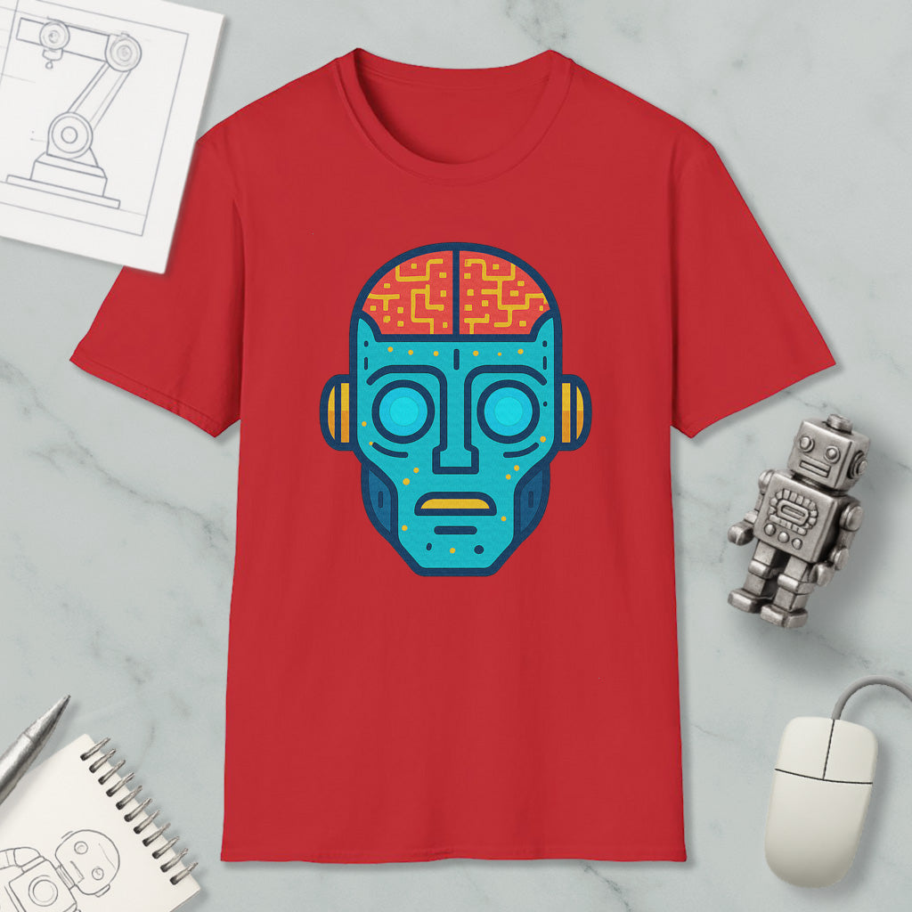 a red t-shirt with a colorful robot or humanoid face design, along with various objects such as a computer mouse, a notebook, and a pen.