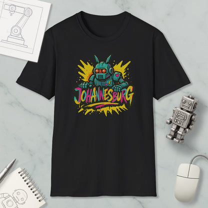a black t-shirt with a colorful graphic design depicting a robot, surrounded by a burst of yellow and pink colors. The text "JOHANNESBURG" is prominently displayed on the t-shirt.