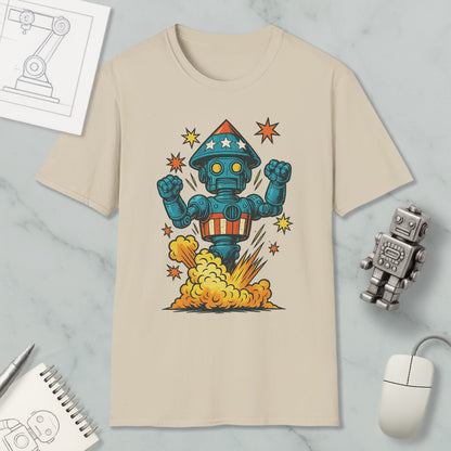 a beige t-shirt with a colorful graphic of a robot surrounded by stars and a rocket explosion. The t-shirt is placed on a marble surface, along with a computer mouse, a spiral notebook, and a small robot figurine.