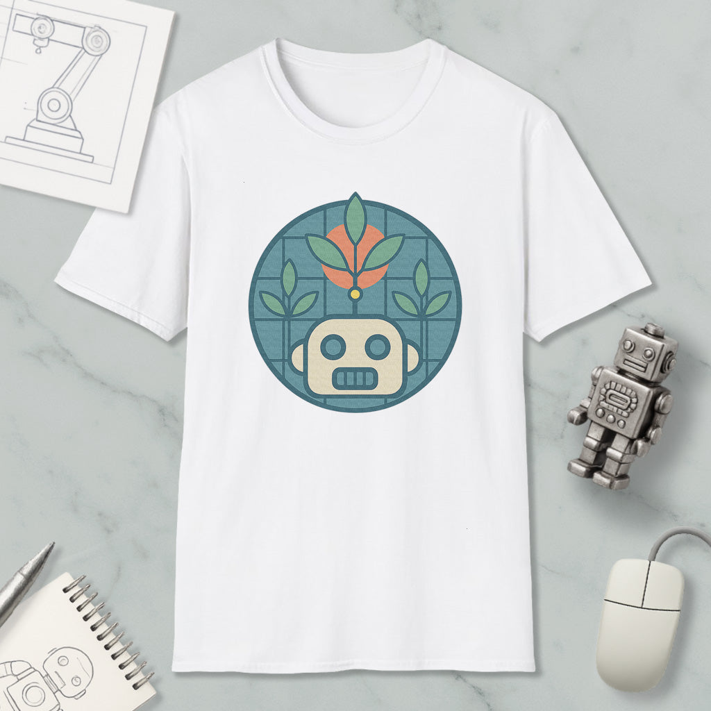 a white t-shirt with a graphic design of a robot and plants, along with a computer mouse and a notebook on a marble surface.