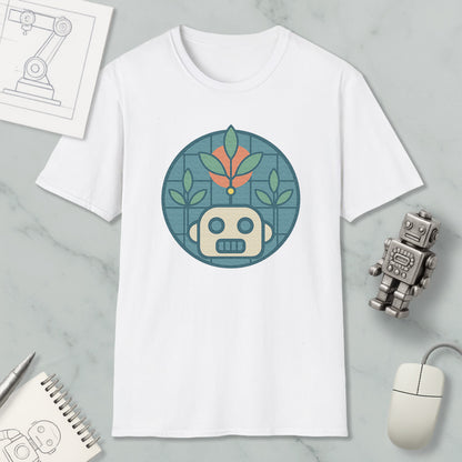 a white t-shirt with a graphic design of a robot and plants, along with a computer mouse and a notebook on a marble surface.
