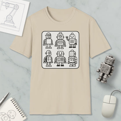 a beige t-shirt with a graphic design of six cartoon-style robots, along with a computer mouse and a notebook on a marble surface.