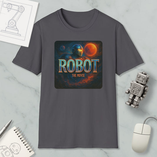 a gray t-shirt with a graphic design depicting a robot and a space scene, along with the text "ROBOT THE MOVIE".