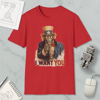 a red t-shirt with a graphic of a character wearing a top hat and holding a gun, along with the text "I WANT YOU" printed on it. The t-shirt is displayed on a marble surface, and there are various objects such as a computer mouse, a pen, and a notebook nearby.