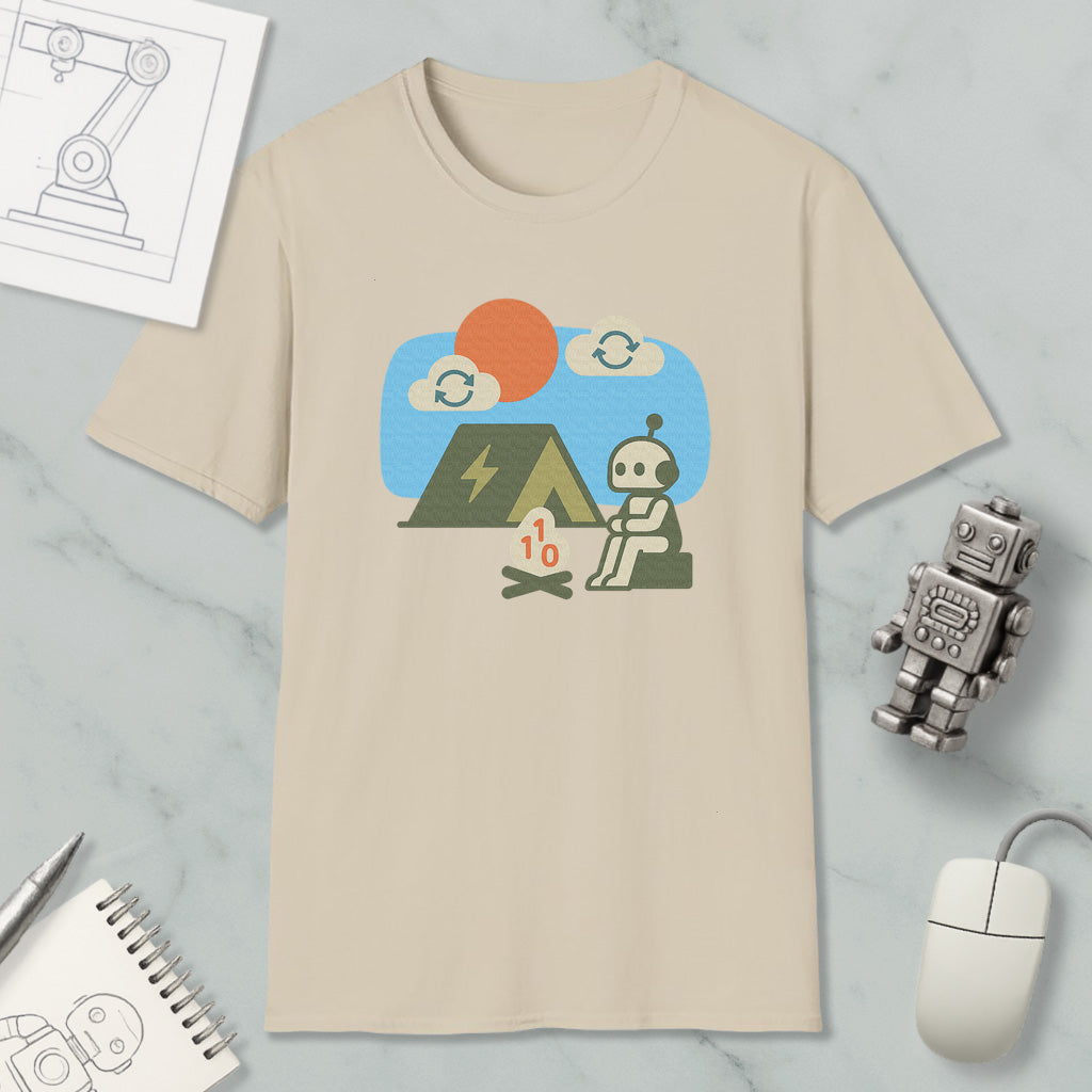 a beige t-shirt with a graphic design depicting a robot sitting by a campfire, with a small tent and a robot toy nearby.