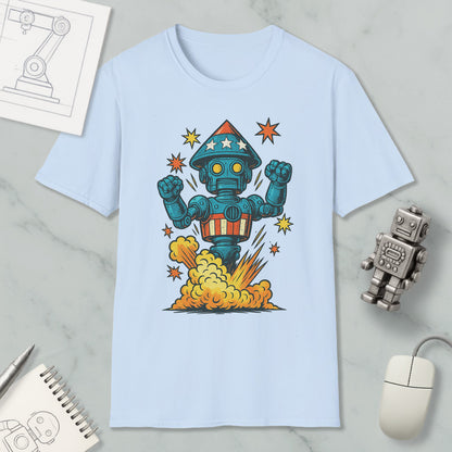 a light blue t-shirt with a colorful graphic of a robot, surrounded by stars and a rocket explosion. The t-shirt is placed on a marble surface, with a computer mouse, a spiral notebook, and a small robot figurine nearby.