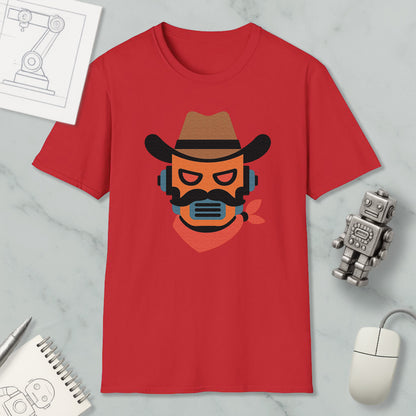 a red t-shirt with a graphic of a cowboy or robot wearing a bandana and a mask, along with a computer mouse and other office supplies.