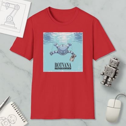 a red t-shirt with a graphic design depicting a robot swimming underwater, accompanied by the text "BOTYANA NARROW-MINDED".
