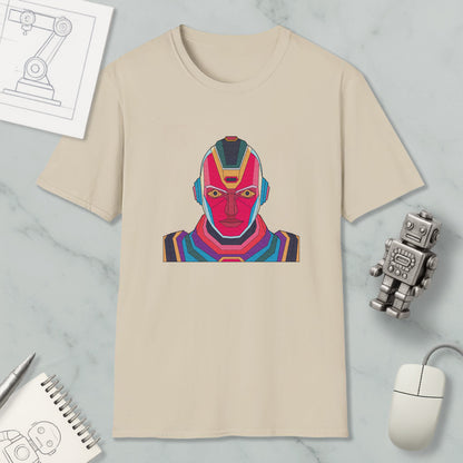 a beige t-shirt with a colorful graphic of a robot or humanoid figure, along with various objects such as a computer mouse, a notebook, and a pen.