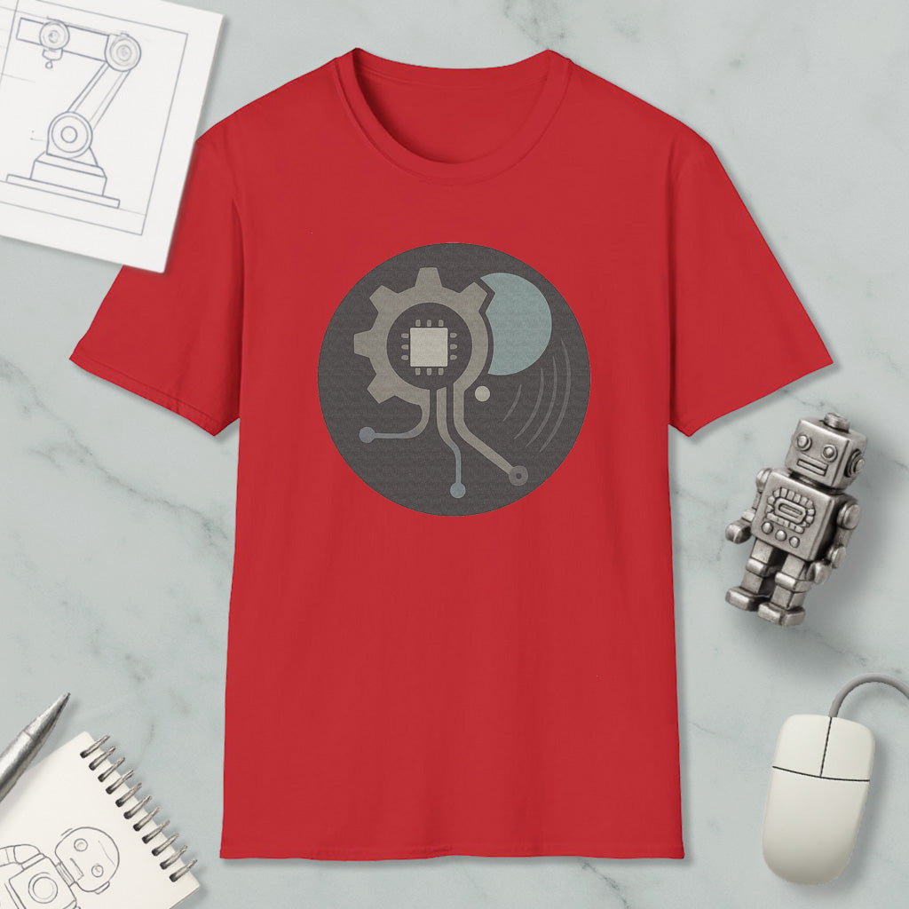 a red t-shirt with a graphic design, a computer mouse, a notebook, and a small robot on a marble surface.