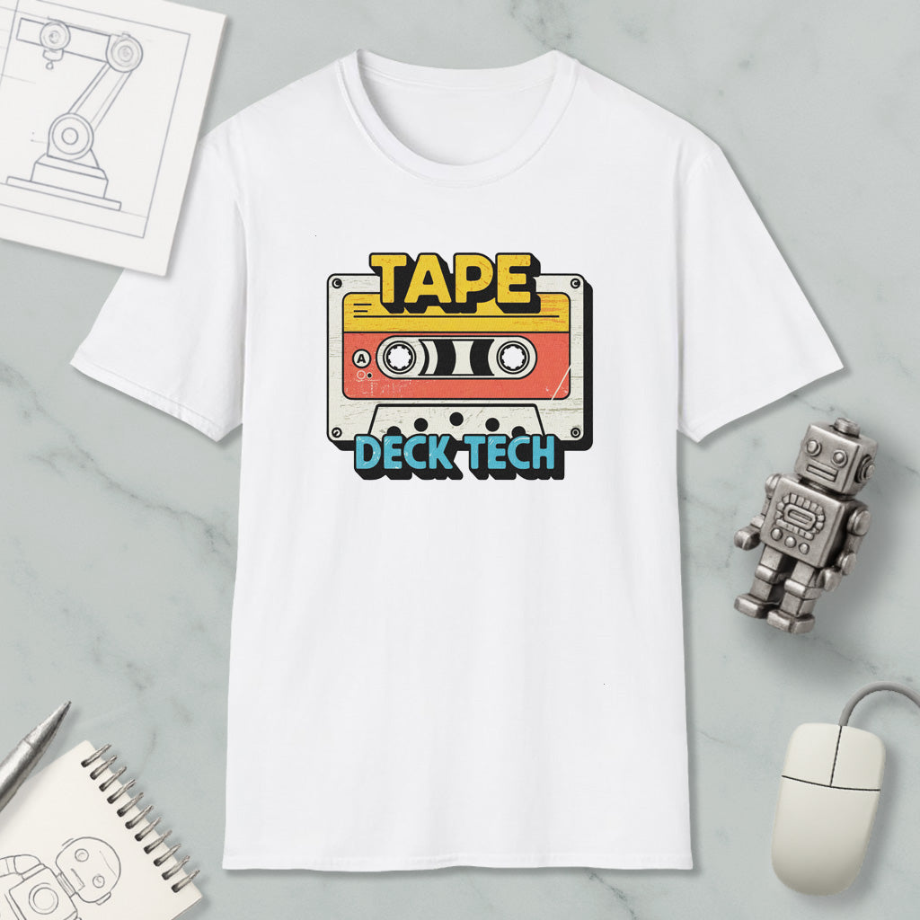 a white t-shirt with a graphic design that says "TAPE Deck Tech" and includes a cassette tape and a robot.