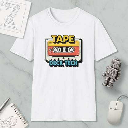 a white t-shirt with a graphic design that says "TAPE Deck Tech" and includes a cassette tape and a robot.